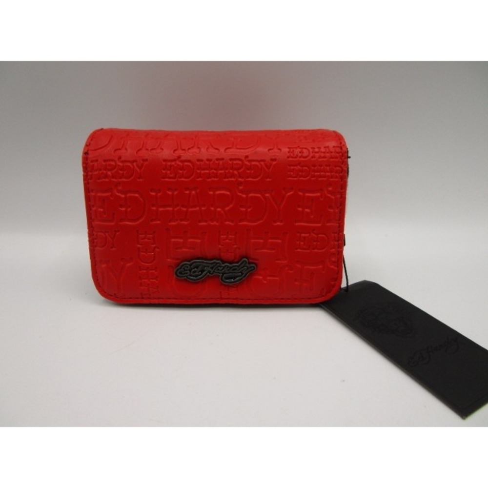 Ed Hardy Red Embossed Logo Bifold Wallet Wristlet with Shoulder Strap
